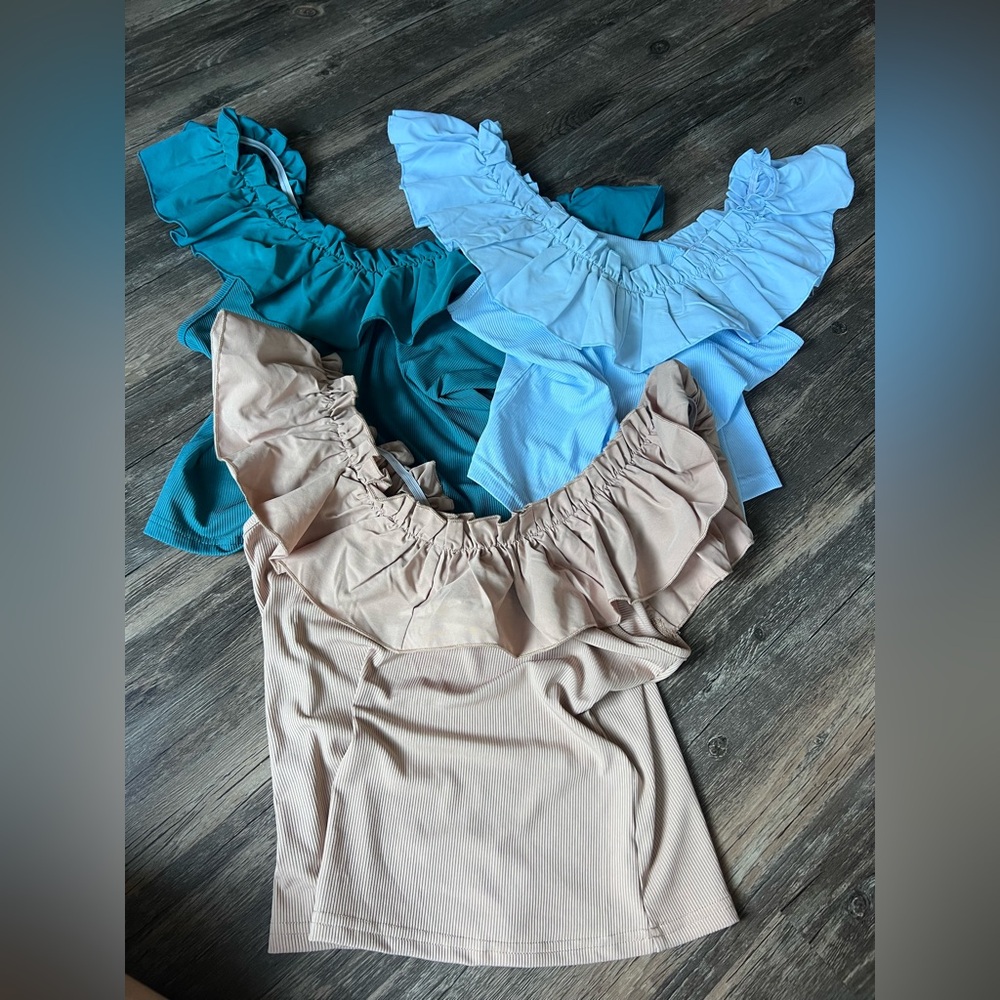 Ruffled Off-Shoulder Women Tops - Blue, Teal, Beige